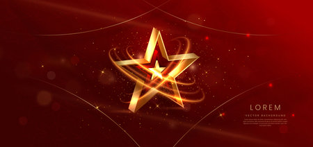 3D golden star with golden on red background with lighting effect and sparkle. Template luxury premium award design. Vector illustrationのイラスト素材
