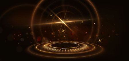 Elegant golden stage circles glowing with lighting effect sparkle on black background. Template premium award design. Vector illustrationのイラスト素材