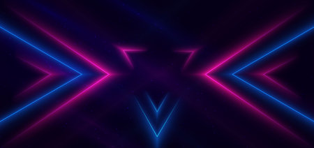 Abstract technology futuristic neon triangle glowing blue and pink light lines with dust galaxy on dark blue background. Vector illustrationのイラスト素材