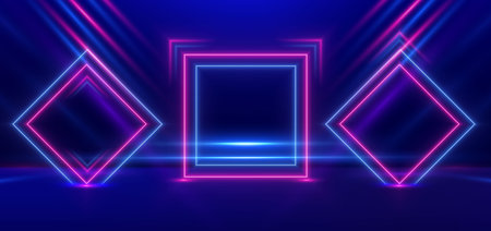 Abstract technology futuristic neon square frame glowing blue and pink light lines with speed motion blur effect on dark blue background. Vector illustrationのイラスト素材