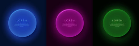 Set of blue, pink, green circle neon lighting frame design background with copy space for text. Vector illustrationのイラスト素材