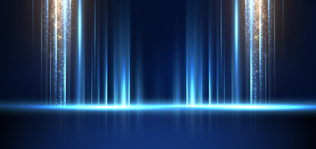 Abstract technology futuristic light blue stripe vertical lines light on blue background with gold lighting effect sparkle. Vector illustrationのイラスト素材