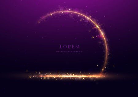 Luxury dark purple background with circle glowing golden line lighting effect sparkle. Template premium award ceremony design. Vector illustrationのイラスト素材