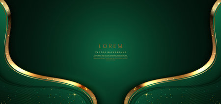 Green elegant background with golden curved lines and lighting effect  with copy space for text. Luxury template awards design. Vector illustrationのイラスト素材