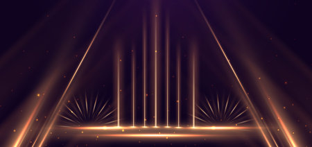 Elegant golden triangle glowing with lighting effect sparkle on dark purple background. Template premium award design. Vector illustrationのイラスト素材