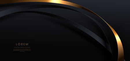 Abstract 3d gold curved dark and gold ribbon on black background with lighting effec and copy space for text. Luxury design style. Vector illustrationのイラスト素材