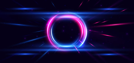 Abstract technology futuristic circles neon glowing blue and pink light lines with speed motion blur effect on dark blue background. Vector illustrationのイラスト素材