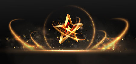 3D golden star with golden on black background with lighting effect and sparkle. Luxury template celebration award design. Vector illustrationのイラスト素材