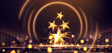Elegant golden star scene vertical glowing with lighting effect sparkle and bokeh on dark background. Template premium award design. Vector illustrationのイラスト素材
