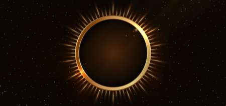 Abstract luxury golden circles lines overlapping on dark blue background with lighting effect and...