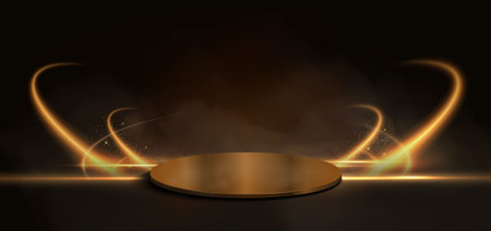 Gold podium and gold curved lighting effect spakle on dark brown background. Vector illustrationのイラスト素材