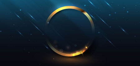 Luxury golden lines circle on dark blue background with lighting effect. Template premium award design. Vector illustrationのイラスト素材