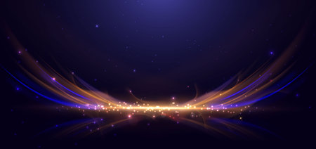 Abstract technology futuristic glowing neon blue and gold light ray curved on dark blue background with lighting effect. Vector illustrationのイラスト素材