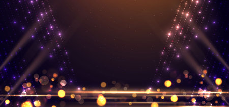 Elegant golden scene diagonal glowing with lighting effect sparkle and bokeh on black background. Template premium award design. Vector illustrationのイラスト素材