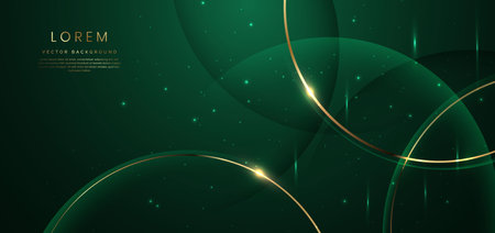 Abstract gold curved line on dark green background with lighting effect and sparkle with copy space for text. Luxury design style. Vector illustrationのイラスト素材