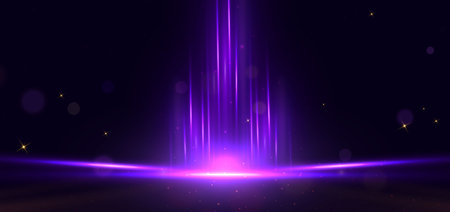 Abstract purple light rays on black background with lighting effect and bokeh. Vector illustrationのイラスト素材