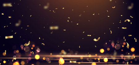 Golden confetti banner and flag on dark background. Celebration party happy concept. Vector illustrationのイラスト素材