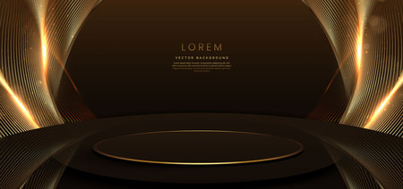 Brown and lines gold scence with circle podium and lighting effect sparkle on dark brown background. Template premium award design. Vector illustrationのイラスト素材