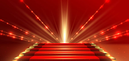 Elegant red stage with gold diagonal glowing lighting effect and sparkle. Template premium award design. Vector illustrationのイラスト素材