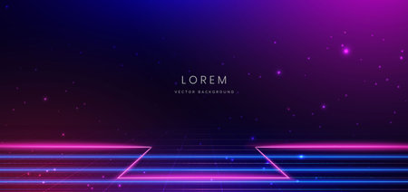 Abstract technology futuristic horizontal glowing lines neon blue and pink light ray on dark blue background with lighting effect. Vector illustrationのイラスト素材
