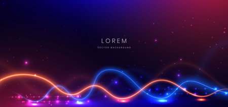 Abstract technology futuristic horizontal curved lines neon blue and orange light ray on dark blue background with lighting effect. Vector illustrationのイラスト素材