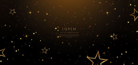 Abstract luxury golden star lighting effect glowing on dark brown background and sparkle. Celebration party happy concept. Vector illustrationのイラスト素材