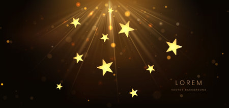 Abstract luxury golden star lighting effect glowing on dark brown background and sparkle. Celebration party happy concept. Vector illustrationのイラスト素材