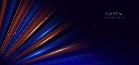 Abstract technology futuristic neon diagonal glowing blue and orange light ray with speed motion blur effect on dark blue background. Vector illustrationのイラスト素材