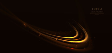 Abstract glowing gold curved element on dark  background with lighting effect glitter and sparkle with copy space for text. Luxury design style. Vector illustrationのイラスト素材