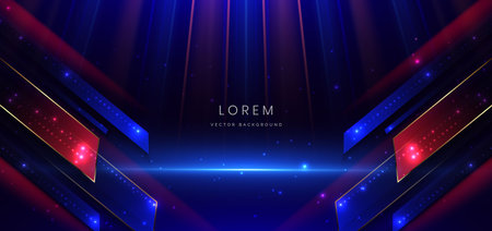 Abstract technology futuristic neon geometric glowing blue and red light lines with speed motion blur effect on dark blue background. Vector illustrationのイラスト素材