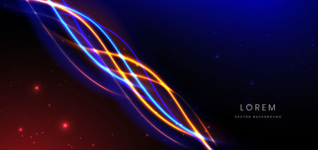 Abstract technology futuristic curved glowing neon blue and orange light ray on dark blue background with lighting effect. Vector illustrationのイラスト素材