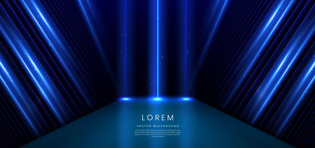 Elegant blue stage background with blue dot neon line and lighting effect sparkle. Luxury template award design. Vector illustrationのイラスト素材