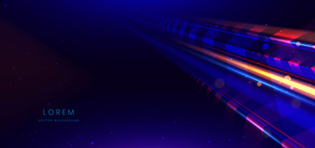 Abstract technology futuristic neon geometric glowing blue and red diagonal light lines with speed motion blur effect on dark blue background. Vector illustrationのイラスト素材
