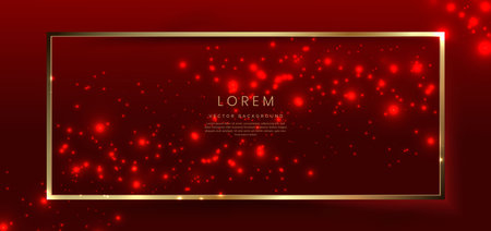 Abstract gold frame with dot lighting effect on red background with copy space for text. Luxury frame design style. Vector illustrationのイラスト素材