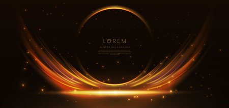 Glowing gold circle frame with flare curved spark effect on dark brown background. Vector illustrationのイラスト素材