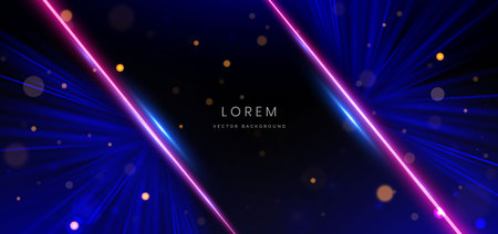 Abstract technology futuristic neon neon glowing blue and pink light lines with speed motion blur effect on dark blue background. Vector illustrationのイラスト素材