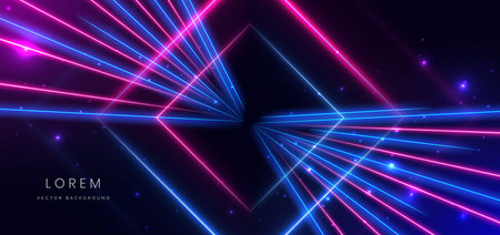 Abstract technology futuristic neon square glowing blue and pink light lines with speed motion blur effect on dark blue background. Vector illustrationのイラスト素材
