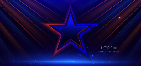 Abstract star glowing blue and red light lines with speed motion blur effect on dark blue background. Vector illustrationのイラスト素材