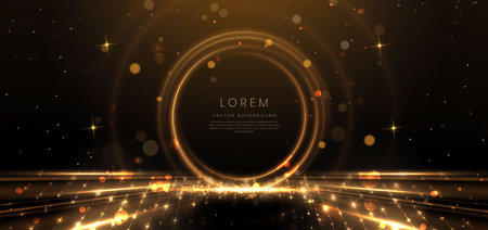 Elegant golden circle glowing with lighting effect sparkle on black background. Template premium award design. Vector illustrationのイラスト素材