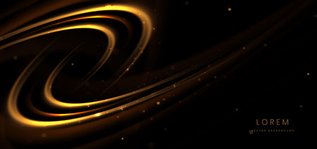 Abstract glowing gold curved element on dark  background with lighting effect glitter and sparkle with copy space for text. Luxury design style. Vector illustrationのイラスト素材
