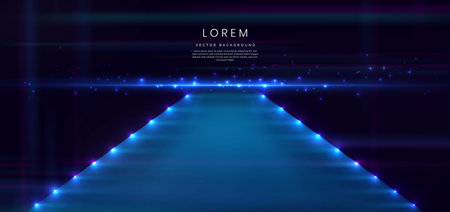 Elegant blue stage background with blue dot neon line and lighting effect sparkle. Luxury template award design. Vector illustrationのイラスト素材