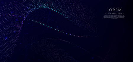 Abstract blue and pink glowing dot lines curved overlapping background. Technology communication, innovation future tech datadesign. Vector illustrationのイラスト素材