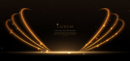 Abstract glowing golden curved lighting effect glitter on black background. Vector illustrationのイラスト素材