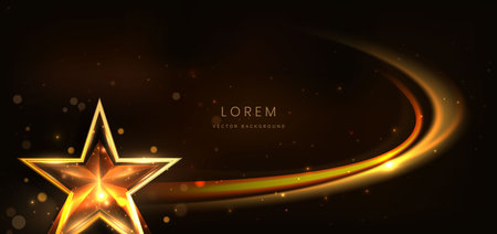 Abstract glowing gold curved element on dark  background with gold star lighting effect glitter and sparkle with copy space for text. Template premium award ceremony design. Vector illustrationのイラスト素材