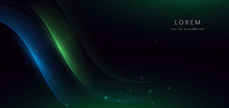 Abstract futuristic curved glowing blue and green light lines on black background. Vector illustrationのイラスト素材