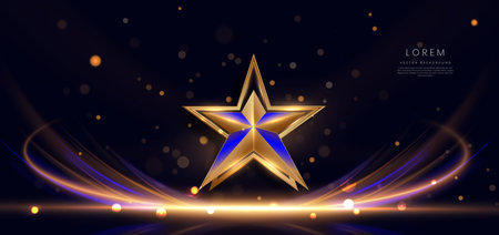 Abstract gold star with light ray on dark blue background with lighting effect sparkle. Luxury template celebration award design. Vectorのイラスト素材