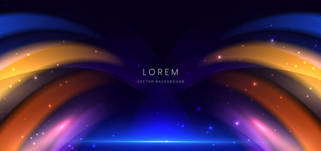 Abstract curved light ray blue, orange, purple and yellow light lines on dark blue background. Vector illustrationのイラスト素材