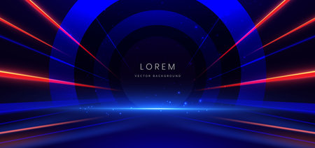 Abstract technology futuristic glowing neon blue and red light ray with speed motion moving on dark blue background. Vectorのイラスト素材