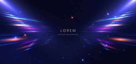 Abstract technology futuristic neon geometric glowing blue and red diagonal light lines with speed motion blur effect on dark blue background. Vector illustrationのイラスト素材