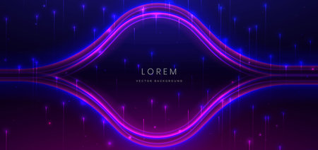 Abstract technology futuristic glowing neon blue and pink light curved lines with speed motion moving on dark blue background with lighting effect. Vector illustrationのイラスト素材